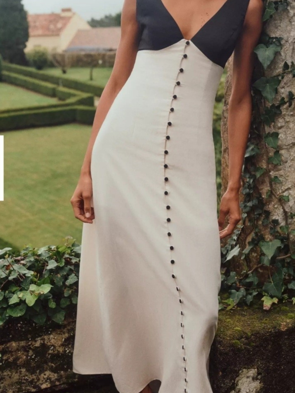 Two-Tone Black and Cream Button-Front Maxi Skirt